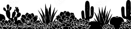 Silhouette illustration of various types of cacti and succulents against a white background scene