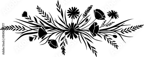 Silhouette of a floral arrangement with various flowers and plants in a symmetrical composition design