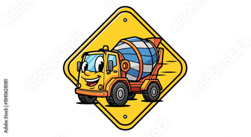 Cheerful Cement Mixer Truck On A Diamond Sign Is Ready For Construction Work
