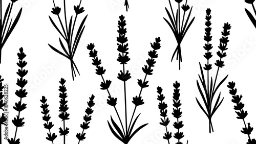 Seamless monochrome pattern of stylized lavender flowers on a white background surface design art