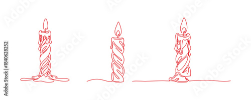The candle, twisted, is alight. It's a one-line drawing. Vector illustration