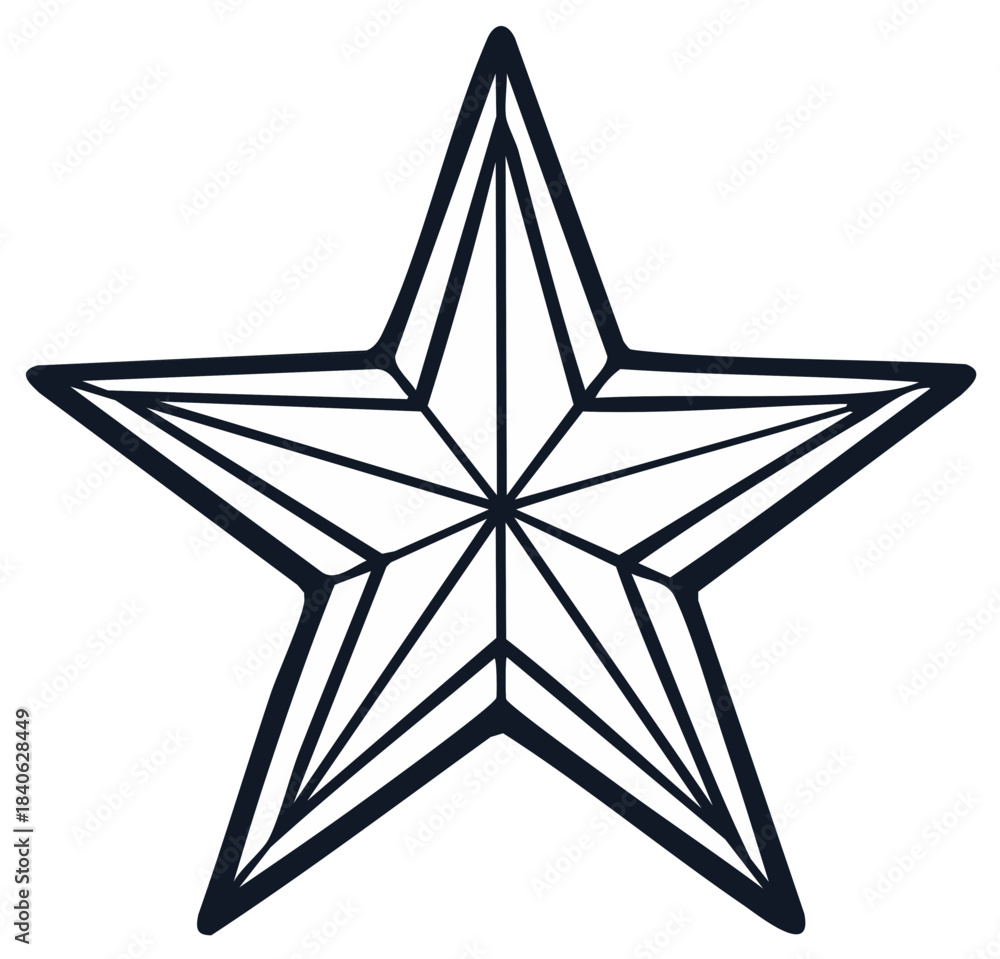 Obraz premium Black outline five pointed star icon with geometric facets vector line art illustration