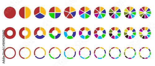 Set of colorful pie chart and circular segment patterns in red, blue, green, and purple, representing data visualization, ideal for use in infographics, statistical graphics, data presentation design