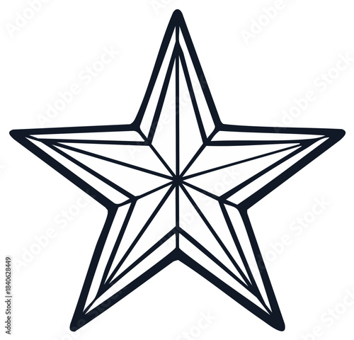 Black outline five pointed star icon with geometric facets vector line art illustration