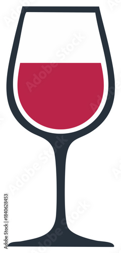 Stylized Wine Glass with Red Wine Illustration, Dark Blue Outline and Fill