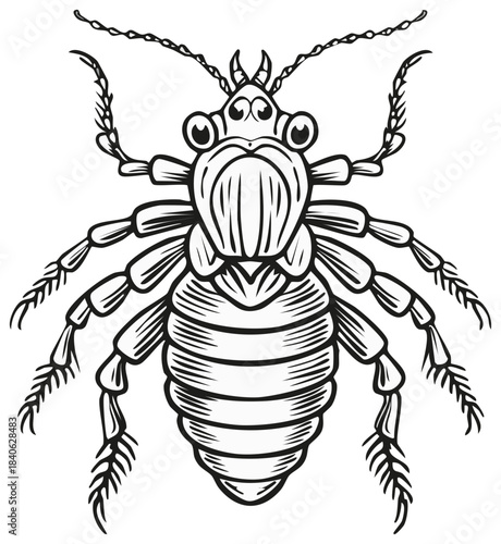 Detailed Line Art Illustration of a Parasitic Insect with Segmented Body and Antennae