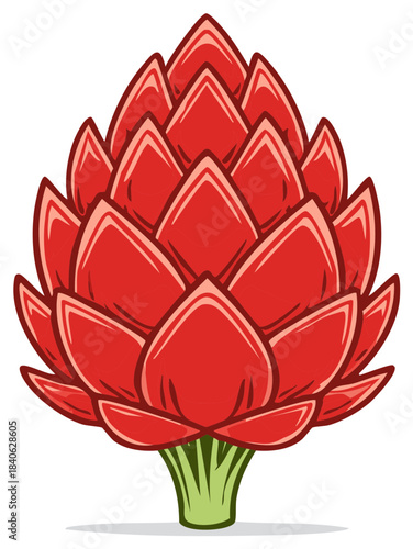 Stylized red artichoke vegetable illustration. Graphic icon of a fresh edible flower bud for healthy food concepts.
