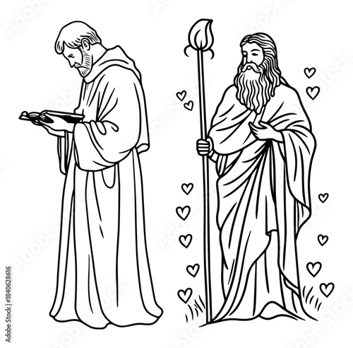 Religious figures vector illustration, monk reading bible and bearded saint with staff and hearts, catholic outline art