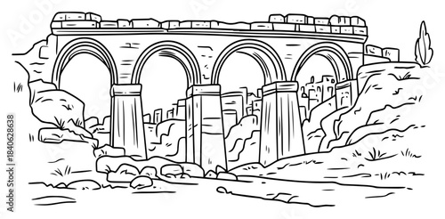 Ancient stone aqueduct bridge with arches, historical roman architecture landscape, vector line art sketch