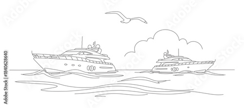 Boats sailing on the sea's waves.  A seagull flying in the sunny heavens.  An uninterrupted line drawing.  Vector graphic.  Placed on a white background.