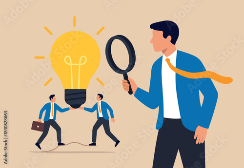 Business viability checking, validate idea by market research to see possibility to success in real world, evaluate profitable of business idea, businessman with magnifier analyze lightbulb idea.