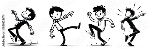Cartoon boy dancing sequence, funny kid character in four poses, vector illustration of happy child moving
