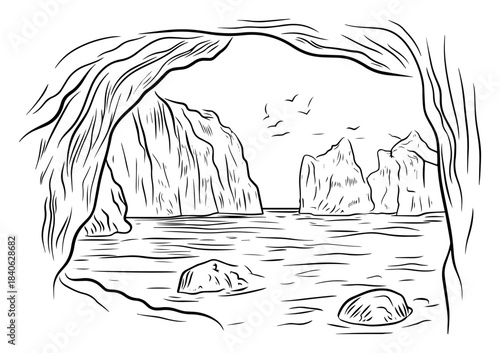 View from cave to ocean landscape, vector sketch illustration, rocky cavern entrance looking at sea and cliffs