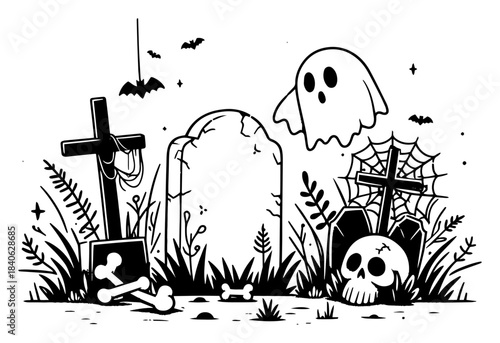 Halloween graveyard scene with ghost and skull, vector line art illustration, spooky cemetery tombstones and spiderweb design