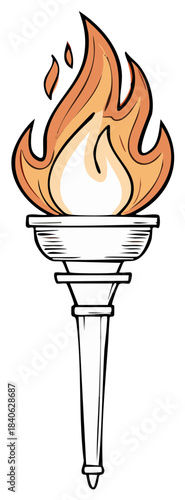 Torch illustration with burning flame, cartoon style, vector, isolated