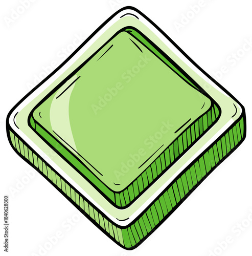 Three dimensional green square push button icon in a hand drawn cartoon style