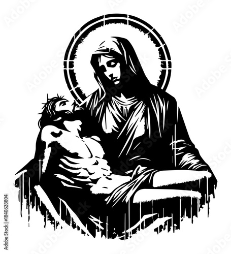 Virgin Mary holding Jesus Christ body Pieta, vector woodcut illustration, religious catholic mourning symbol design