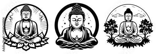 Buddha meditation icons set in circular frames, vector illustration, spiritual yoga and zen buddhism symbol logos