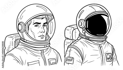 Two astronaut portraits in spacesuits, vector line art illustration, spaceman with open and closed helmet visor sketch