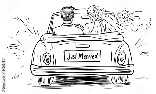 Just married wedding couple driving car, vector sketch illustration, retro convertible auto with bride and groom, romantic honeymoon line art design