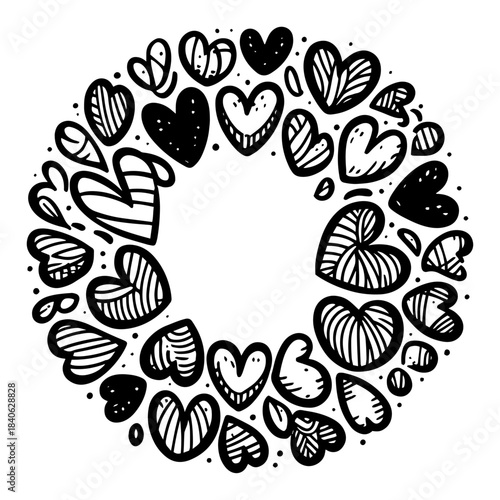 Decorative heart wreath circle frame, vector doodle illustration, hand drawn romantic love border, cute valentine day sketch design