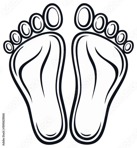 Footprint vector illustration, detailed foot prints with toes and arches, podiatry outline drawing, feet graphic in black and white