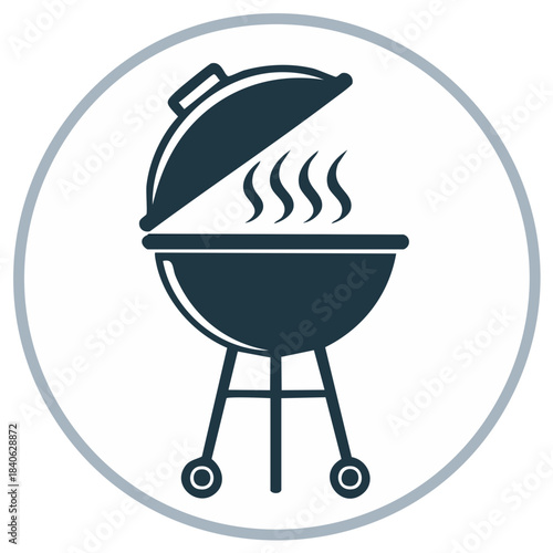 Dark blue barbecue grill with smoke, cooking equipment for grilling food outdoor.