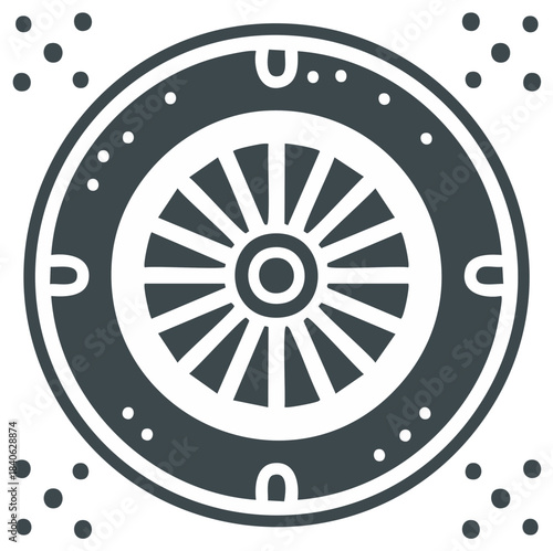Circular stylized design with spokes and dots symbolizing a traditional wheel or compass pattern
