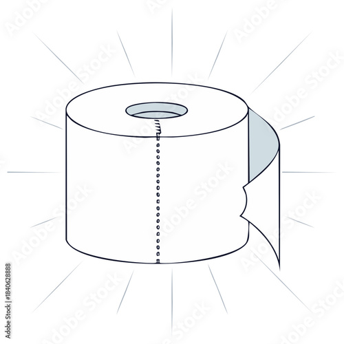 A roll of toilet paper with a single sheet partially unrolled and perforated seam