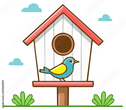 Cute cartoon blue bird on a perch outside a rustic birdhouse with clouds and green bushes
