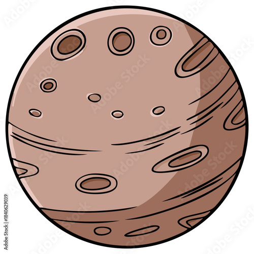 Cartoon illustration of a rocky brown planet covered in craters in a simple solar system design