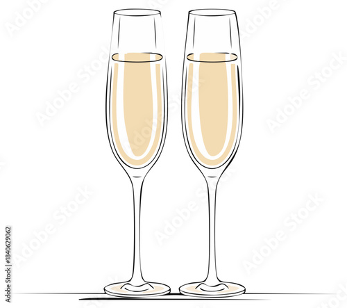 Two champagne flutes with beverage, celebration, elegant glassware sketch
