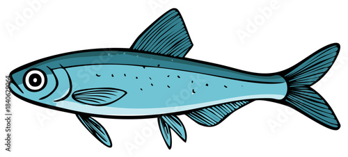 Simple Cartoon Blue Fish Illustration With Black Outline Swimming
