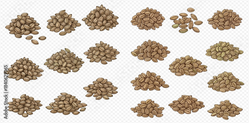 Set of various piles of dried green lentils isolated on a transparent background.