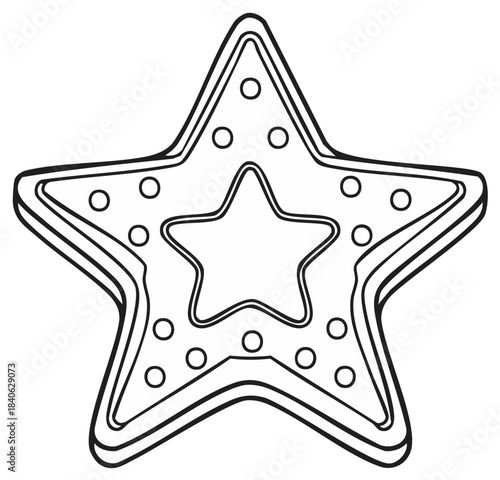 Festive Star Shaped Cookie Outline Illustration with Decorative Inner Star and Dots for Holiday Coloring