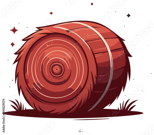 Charming cartoon style reddish hay bale standing on a patch of grass with subtle sparkles