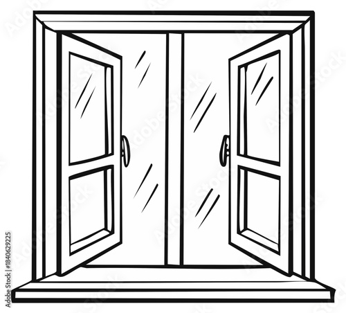Hand drawn cartoon illustration of an open double window with clear glass panes