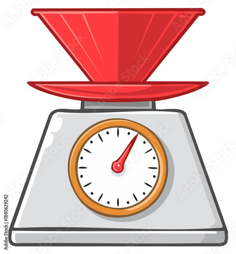 Cartoon kitchen scale with red bowl and analog meter for weighing ingredients
