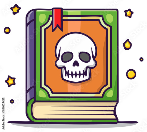 Green and orange fantasy book with a skull illustration and magic sparks