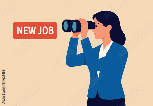 Business woman look through binoculars searching for new job or opportunity, vision or look far ahead to find future opportunity, observe or career success, human resources look for candidate concept