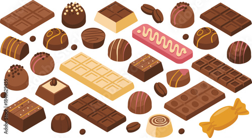 Flat isometric illustration of assorted chocolate candies and bars, sweet dessert treats, confectionery collection, cocoa products, delicious food background design