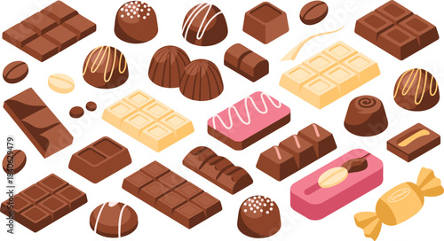 Flat isometric illustration of assorted chocolate candies and bars, sweet dessert treats, confectionery collection, cocoa products, delicious food background design
