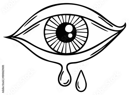 Stylized Eye Illustration with Dripping Tears in Outline Style
