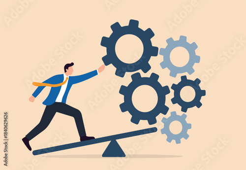 Business work flow, leadership to drive team and initiate productivity and efficiency working process concept, smart businessman manager use all his power and skill to rotate group of cogwheels gear.