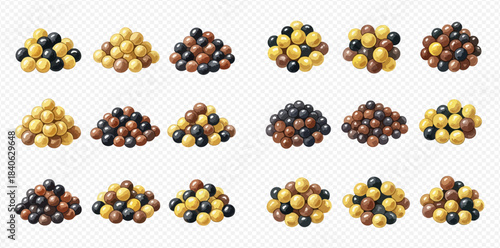 Set of various piles of colorful round sweets or candies, isolated on a transparent background.