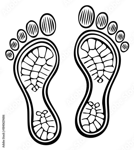 Abstract Black Outline Design of Human Footprints with Unique Intricate Sole Patterns