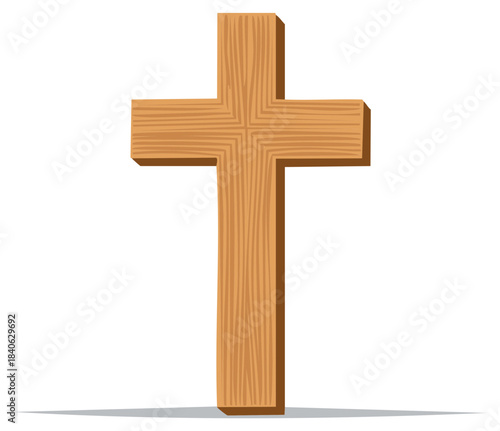 Simple wooden Christian cross with wood grain texture standing upright vector illustration