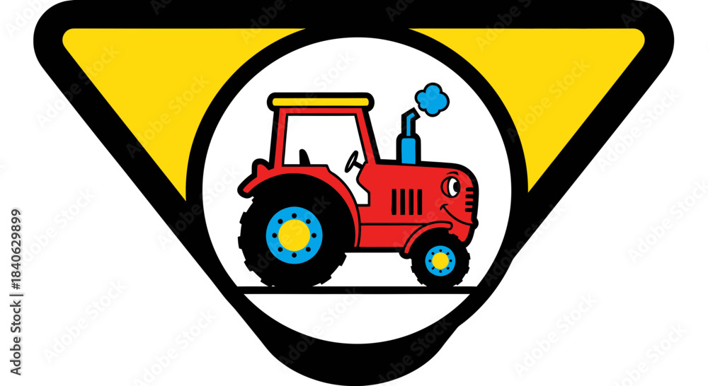 Naklejka premium Cartoon Tractor Displayed Within a Yellow Warning Sign on White Background