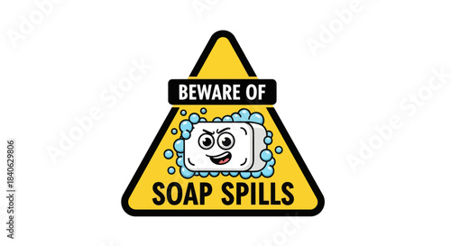 Cartoon Soap Bar Sign Warns Of Spills, A Humorous Cautioning Illustration
