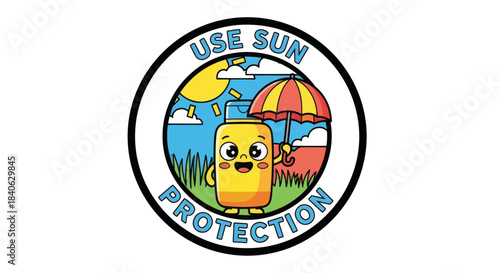 Cartoon Sunscreen Mascot Advocating Safe Sun Practices With Colorful Umbrella Illustration